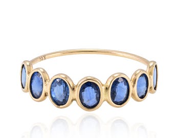 Natural Blue Sapphire Ring, Solid 14k Yellow Gold Band Ring, Half Eternity Ring, September Birthstone Ring, Stackable Ring, Gifts For Her