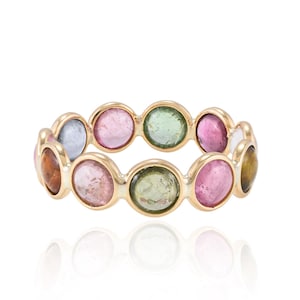 Natural Rainbow Tourmaline Ring, Solid 18K Gold Eternity Ring, Bezel Stackable Ring, Minimalist Wedding Band, Rainbow Band, Gifts For Her