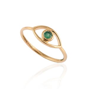Natural Emerald Ring, Solid 18k Gold Evil Eye Ring, Dainty Evil Eye Ring, Stacking Ring, Protection Ring, Good Luck Ring,
