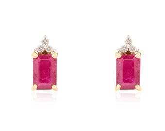 14Kt Gold Ruby Earrings, Ruby Gold Earrings, Ruby Diamond Stud Earrings, Ruby Earrings, Ruby Stud For Her, July Birthstone, Anniversary Gift