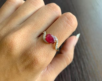 Genuine Ruby Ring, Solid 14K Yellow Gold Ring, Red Ruby Engagement Ring, Ruby Engagement Ring, Unique Wedding Anniversary Ring Gifts For her