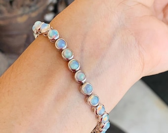 Opal Tennis Bracelet, 925 Silver Bracelet, Fire Opal Gemstone Bracelet, Natural Opal Bracelet, October Birthstone, Anniversary Gift For Her