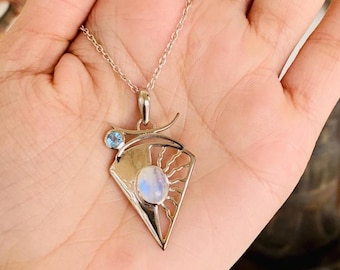 Rainbow Moonstone Pendant, 925 Sterling Silver Pendant, Blue Topaz Pendant, Multi Gemstone Pendant, Unique Designer Pendant, Birthday Gifts