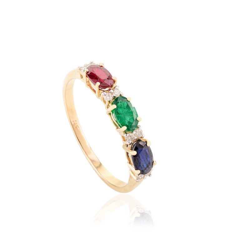 18K Solid Gold Ring, Emerald Ruby Sapphire Ring, Oval Cut Multi Gemstone Ring, Handmade Jewelry, Birthday Gift, Halloween Gifts 画像 2