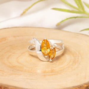 Natural Citrine Gemstone Ring, November Birthstone, 925 Sterling Silver, Leaf Unique Floral Marquise Ring Design, Gift For Her