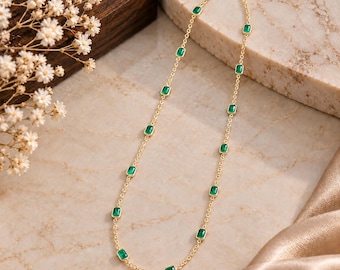 Natural Emerald Station Necklace, Dainty Emerald Gemstone Silver Necklace, Handmade Emerald Jewelry, May Birthstone, Christmas Gift for Her