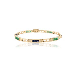 Emerald Sapphire Gold Bracelet | 14K Yellow Gold Bracelet | Square Cut Gemstone Bracelet | Anniversary Gift | Gift For Her |
