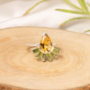 Natural Citrine Ring, Peridot Ring, Natural Gemstone, Sterling Silver, Art Deco Vintage Ring, Dainty Unique Gift For Her, Anniversary Gifts