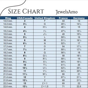 May include: A size chart for rings, with measurements in millimeters, USA/Canada, United Kingdom, France, and Germany sizes. The chart includes sizes from 3 to 13.5.