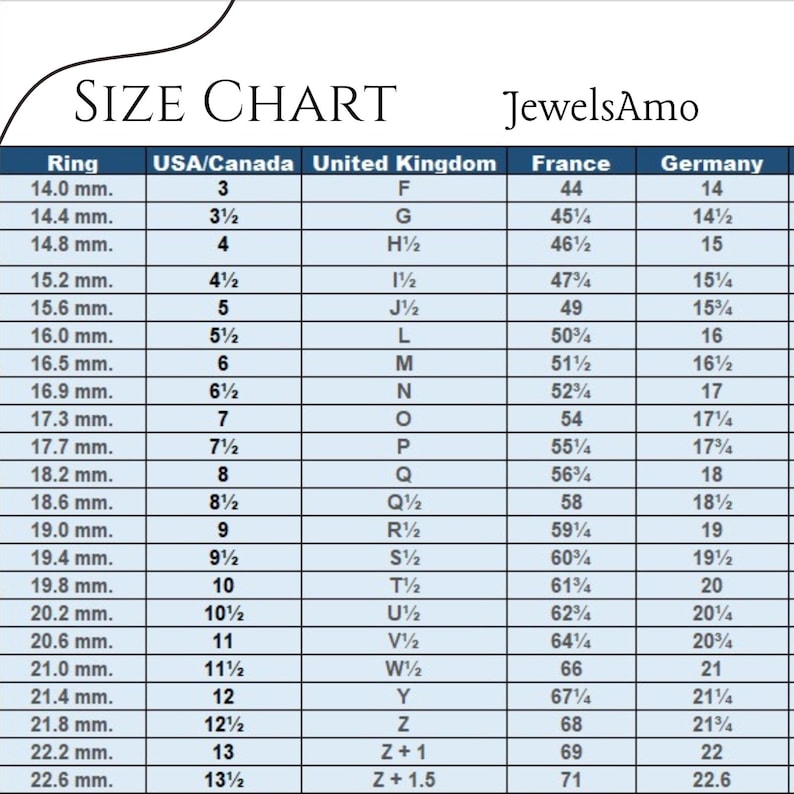 May include: A size chart for rings, with measurements in millimeters, USA/Canada, United Kingdom, France, and Germany sizes. The chart includes sizes from 3 to 13.5.