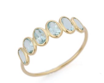 Natural Aquamarine Ring, Solid 18k Gold Half Eternity Stacking Wedding Ring, March Birthstone, Minimalist Aquamarine Band, Gifts For Her