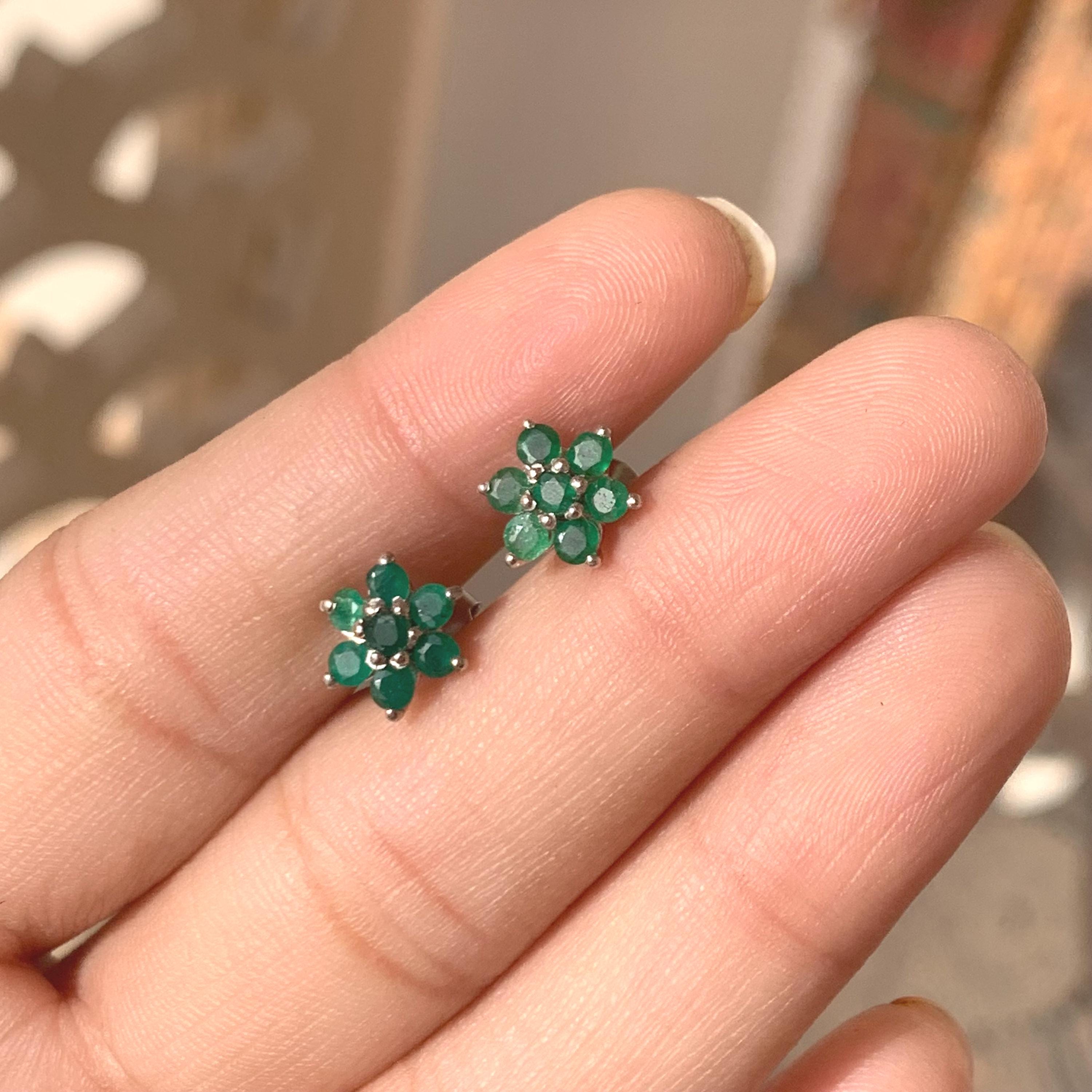 Natural Emerald Earrings, Sterling Silver Studs, Flower Emerald Studs, May Birthstone, Handmade Emerald Stud Earrings, Birthday Gift For Her