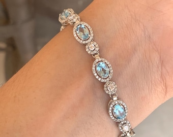 Blue Topaz Bracelet, 925 Sterling Silver, Engagement Bracelet, Tennis Bracelet, Natural Gemstone Bracelet, Wedding Bracelet, Gift For Her