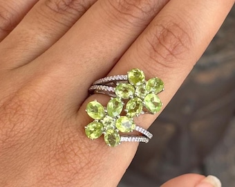 Natural Peridot Ring, 925 Sterling Silver, Green Peridot Flower Cluster Ring, Peridot Engagement Ring, August Birthstone, Gifts For Women