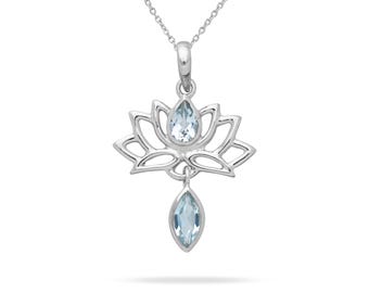 Blue Topaz Pendant, Lotus Necklace, Sterling Silver Lotus Pendant, Lotus Jewelry, Yoga Necklace, Flower Necklace, Boho Jewelry, Gift For Her