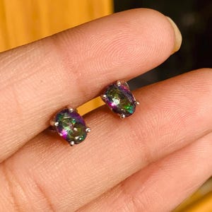 Mystic Topaz Stud Earrings, 925 Sterling Silver, Tiny Mystic Topaz Stud Earrings, Minimalist Mystic Topaz Studs, Birthday Gifts For Her
