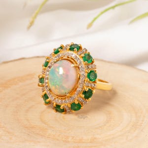 Opal und Smaragd Ring, Statement Ring, Mai und Oktober Geburtsstein, Sterling Silber Cocktail Ring, personalisierte Geschenke, Geschenk für sie