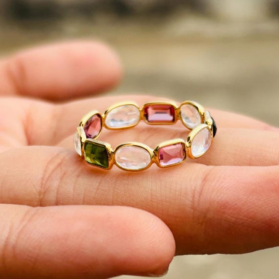 18k Multi Tourmaline Band Ring, Moonstone Tourmaline Eternity Ring