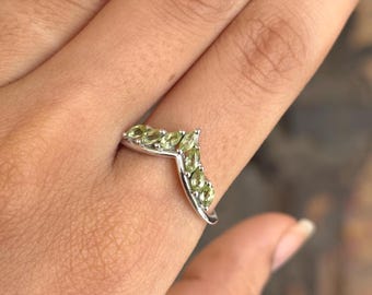Natural Peridot Curved Ring, Marquise Peridot Band, 925 Sterling Silver Ring, Peridot Chevron Ring, August Birthstone, Gifts For Women