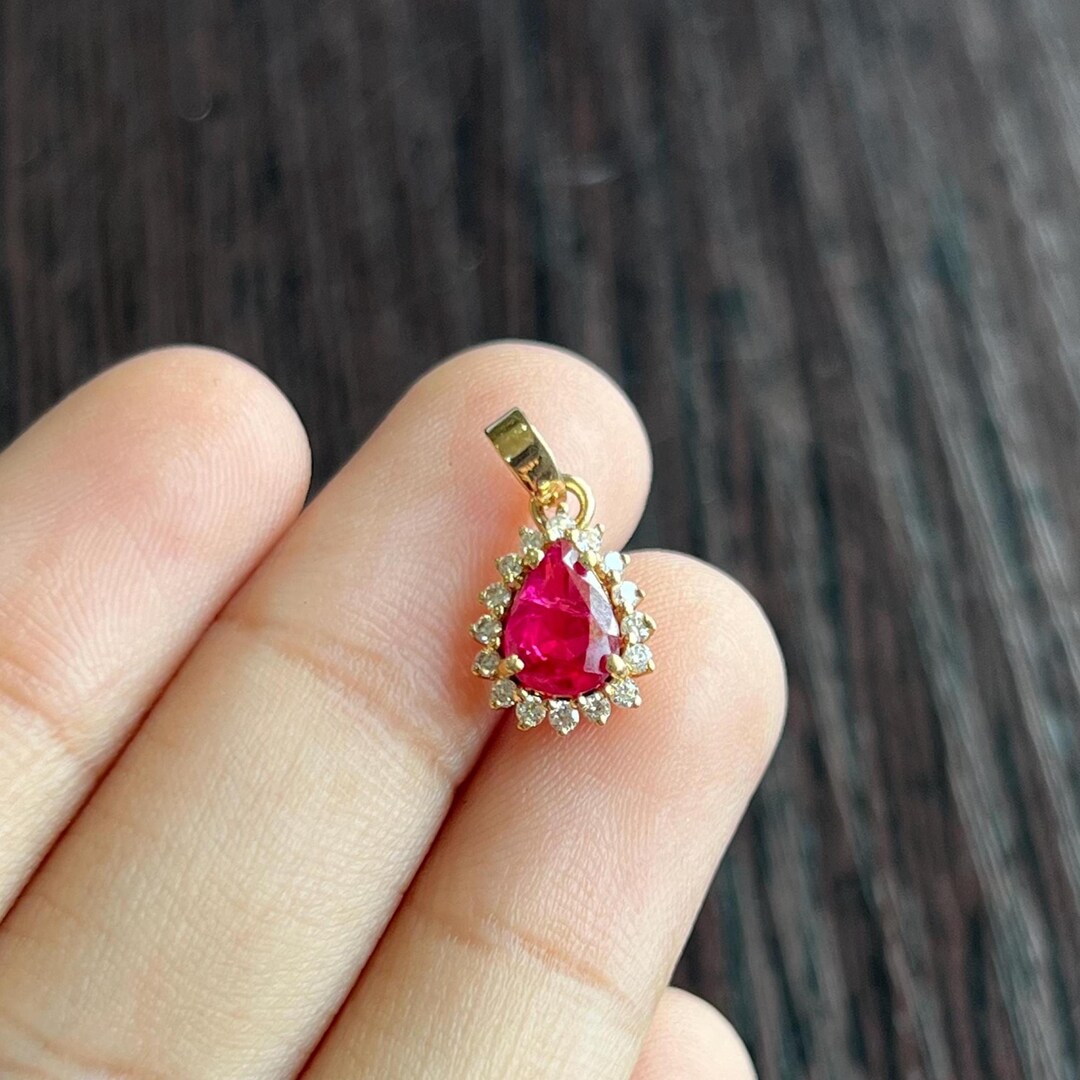 Natural Ruby Pendant, Solid 14K Gold Ruby Pendant, Pear Cut Ruby Halo ...