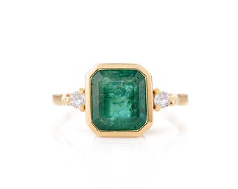 14k Yellow Gold Emerald Ring, Emerald Diamond, Promise Engagement Ring, Diamond Ring, Boho Art Deco Ring, May Birthstone, Halloween Gift