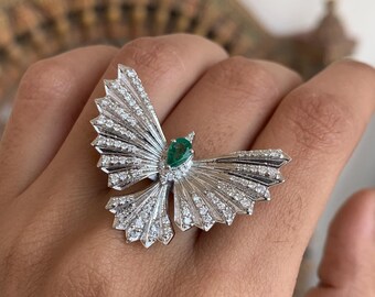 Natural Emerald Ring, 925 Sterling Silver, Emerald Diamond Ring, Vintage Emerald Ring, Boho Emerald Ring For Women, Anniversary Gift For Her
