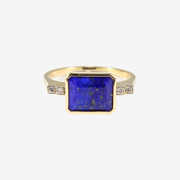 Lapis Ring with Diamonds set in 14K Gold, Statement Ring, Anniversary Gift, Birthday Gift, August Birthstone| Unique Engagement Ring