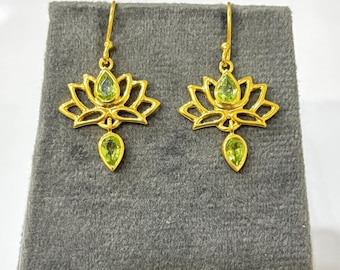 Peridot Earrings, Silver Lotus Earrings, Lotus Dangle Earring, Lotus Jewelry, Lotus Flower Earrings, August Birthstone, Gifts For Her