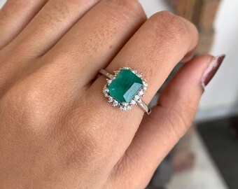 Anello con smeraldo autentico, argento sterling 925, anello di fidanzamento con smeraldo, anello con smeraldo e diamanti, regalo di compleanno per lei, pietra portafortuna di maggio, regali di Natale