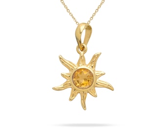 Citrine Sun Necklace, Sun Rays Necklace, Sterling Silver Pendant, Celestial Pendant, Sun Pendant, Necklace, Sunburst Necklace, Sun Necklace