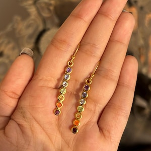 Chakra Earrings, Gold Plated Earring, 925 Sterling Silver, Dangle Drop Earrings, Natural 7 Gemstones, Yoga Chakra Jewelry, Gift For Her