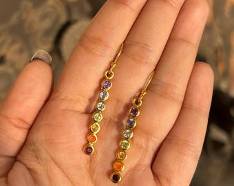 Chakra Earrings, Gold Plated Earring, 925 Sterling Silver, Dangle Drop Earrings, Natural 7 Gemstones, Yoga Chakra Jewelry, Gift For Her