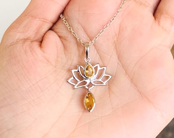 Citrin Anhänger, 925 Sterling Silber, Lotus Halskette, Handgemachter Lotus Anhänger, November Geburtsstein, Yoga Halskette, Boho Schmuck, Geschenk für Sie