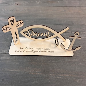 Geldgeschenke Kommunion / Konfirmation / Taufe – Fisch mit Name, Kreuz und Anker inkl. Gravur