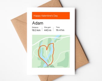 Saint-Valentin personnalisée pour coureur | Carte de style Strava | Joyeuse Saint-Valentin | Carte cycliste | Carte routière du coeur | Art Strava