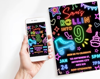 Neon Roller Disco Party Invitation Template | Editable Canva Invite | Retro Skating Birthday | Instant Download