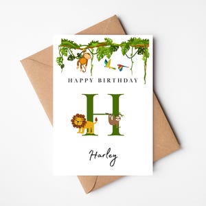 Tarjeta de cumpleaños con inicial de jungla / Tarjeta con letra de safari / Tarjeta con inicial impresa / Tarjeta de feliz cumpleaños personalizada