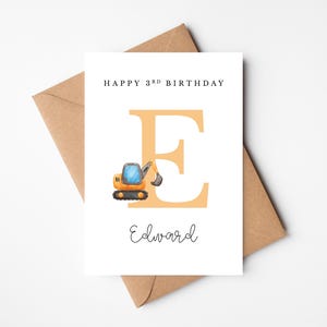 Tarjeta de cumpleaños con inicial / Tarjeta con letra de excavadora / Tarjeta con inicial de camión / Tarjeta amarilla personalizada de feliz cumpleaños