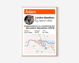 Personalised London Marathon Poster | Strava Style Print | Runner's Gift | Route Map Print | Running Time Stats