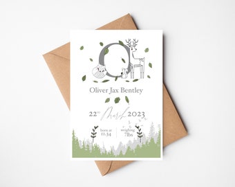 Baby Birth Announcement Card | Woodland Newborn Photo Card | Birth Stats Card | Postcard | Photography Card | New Baby Thank You Card