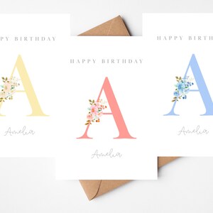 Cartão de aniversário com iniciais | Cartão com letras de flores | Cartão com iniciais florais | Cartão rosa personalizado de feliz aniversário