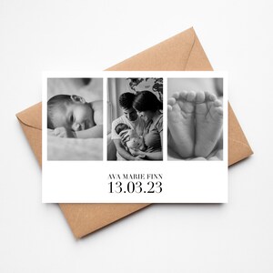 faire-part de naissance de bébé | de remerciements nouveau-né | carte photo triple | Carte de statistiques de naissance | postale | Carte de photographie monochrome