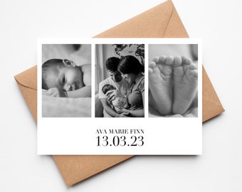 Baby Birth Announcement Card | Newborn Thank You Card | Triple Photo Card | Birth Stats Card | Postcard | Monochrome Photography Card