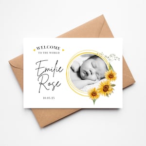 Faire-part de naissance de bébé tournesol | de remerciements nouveau-né | carte photo | Carte de statistiques de naissance | postale | Carte de photographie