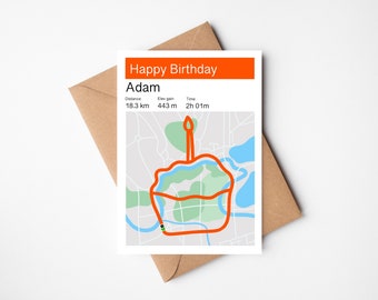 carte personnalisée pour l'anniversaire du coureur | Carte de style Strava | Joyeux anniversaire | Carte cycliste | Carte d'itinéraire de gâteau d'anniversaire | Art Strava