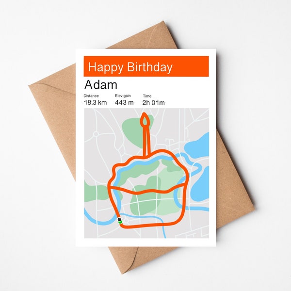 Personalised Runner's Birthday Day Card | Strava Style Card | Happy Birthday | Cyclist's Card | Birthday Cake Route Map Card | Strava Art