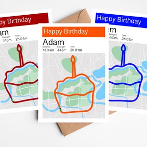 Tarjeta de cumpleaños personalizada para corredores / Tarjeta de cumpleaños con ruta de carrera / Tarjeta para ciclistas / Tarjeta con mapa de ruta y tarta de cumpleaños / Arte para correr
