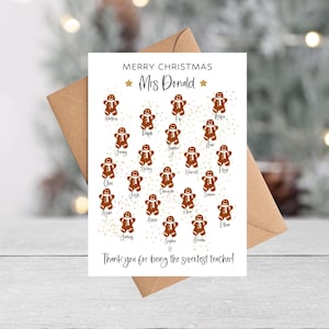 Cartão de agradecimento de Natal personalizado para professor | Cartão de Natal com nomes de classe | Bonecos de gengibre | Obrigado, assistente de ensino