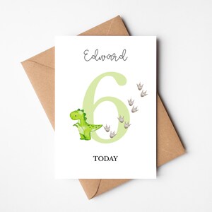 Gepersonaliseerde leeftijdsverjaardagskaart | Kaart dinosaurusnummer | Kaart met print naam dino | Gepersonaliseerde groene kaart voor gelukkige verjaardag