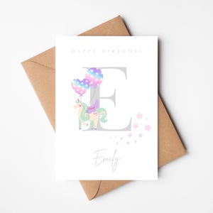 Tarjeta de cumpleaños con inicial / Tarjeta con letra de unicornio / Tarjeta con inicial rosa impresa / Tarjeta de feliz cumpleaños personalizada